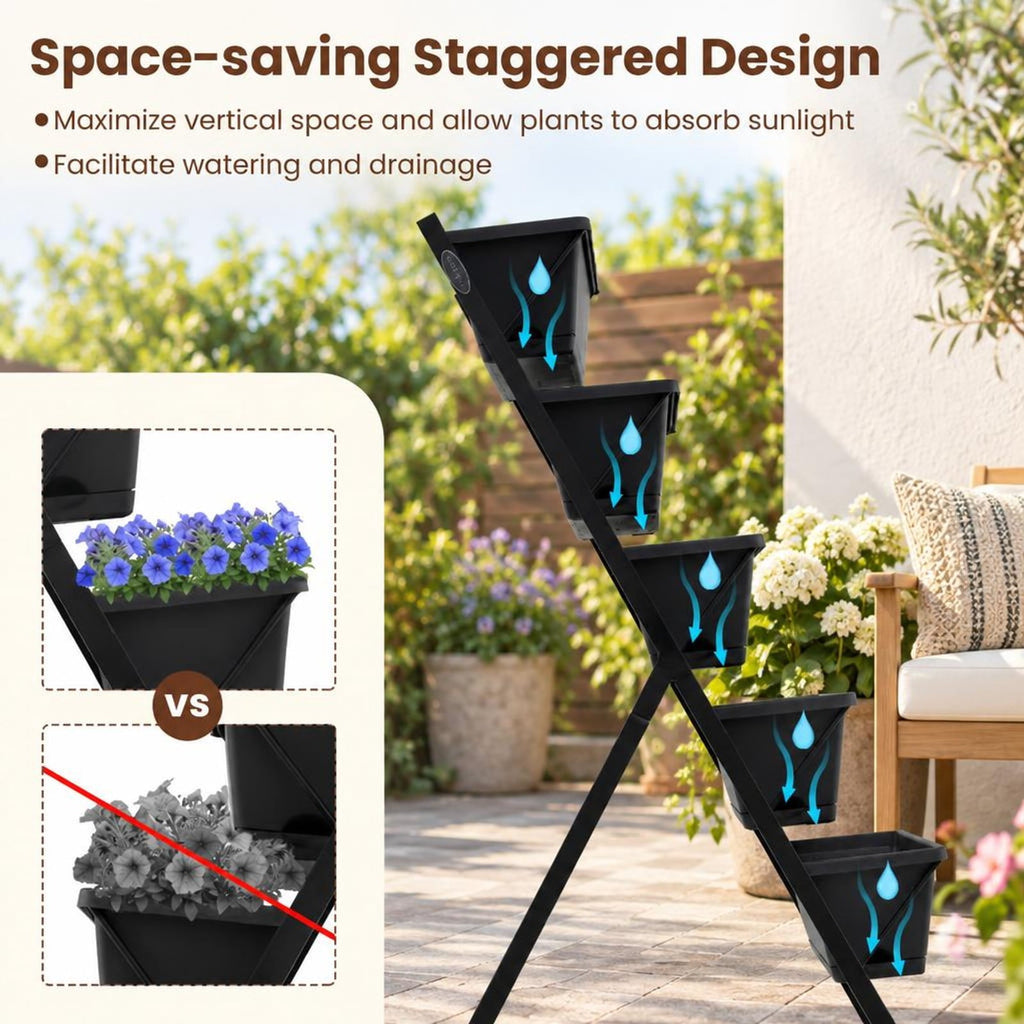 Airfind 5, 22 lbs Capacity, PP Metal Frame, 23 x 27 x 44 Footprint, Black, 5 planter boxes for modular growing