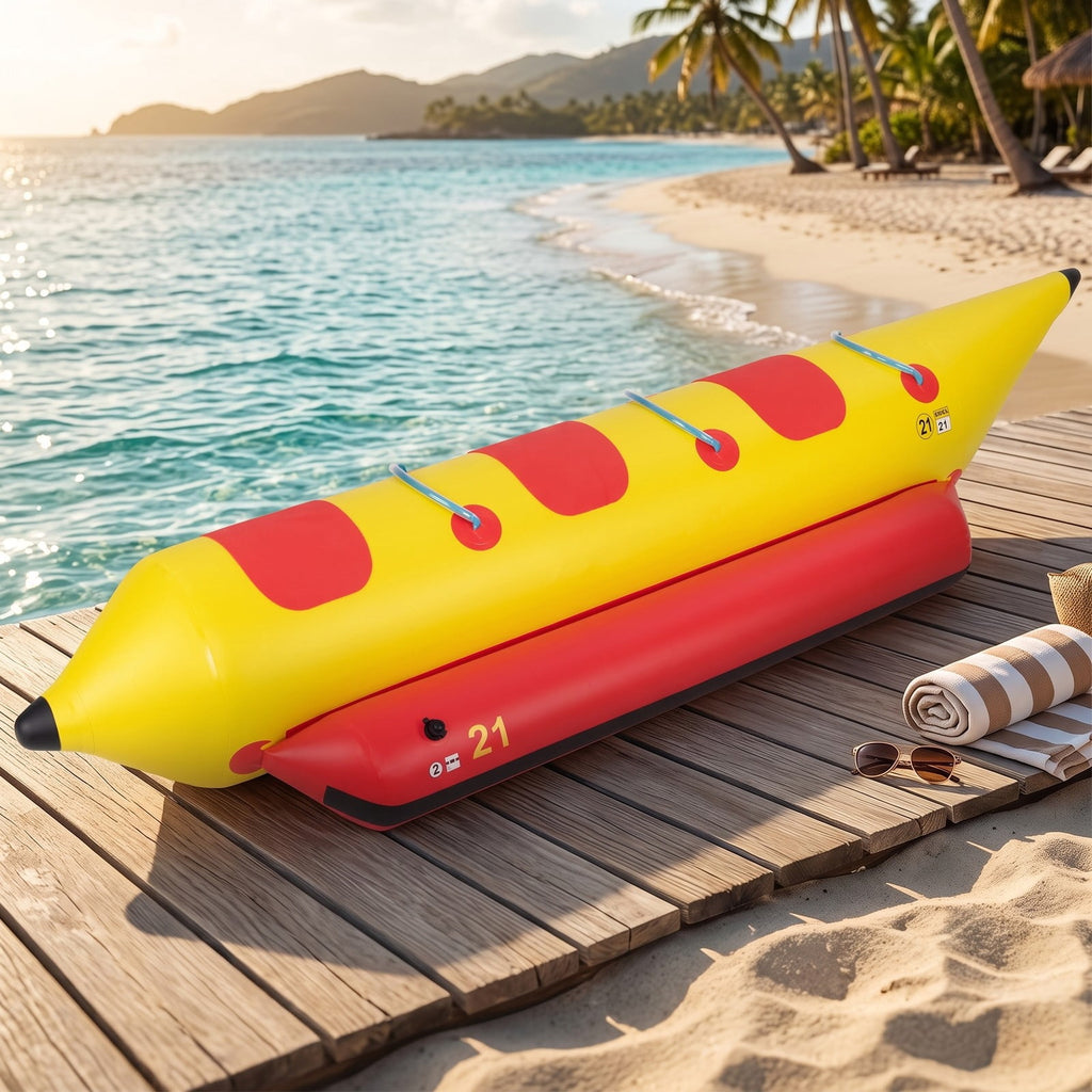 Airfind 3 Person Inflatable Banana Boat with Electric Air Pump Carrying Bag and Repair Kit for Lake and Sea Towing, Red and Yellow