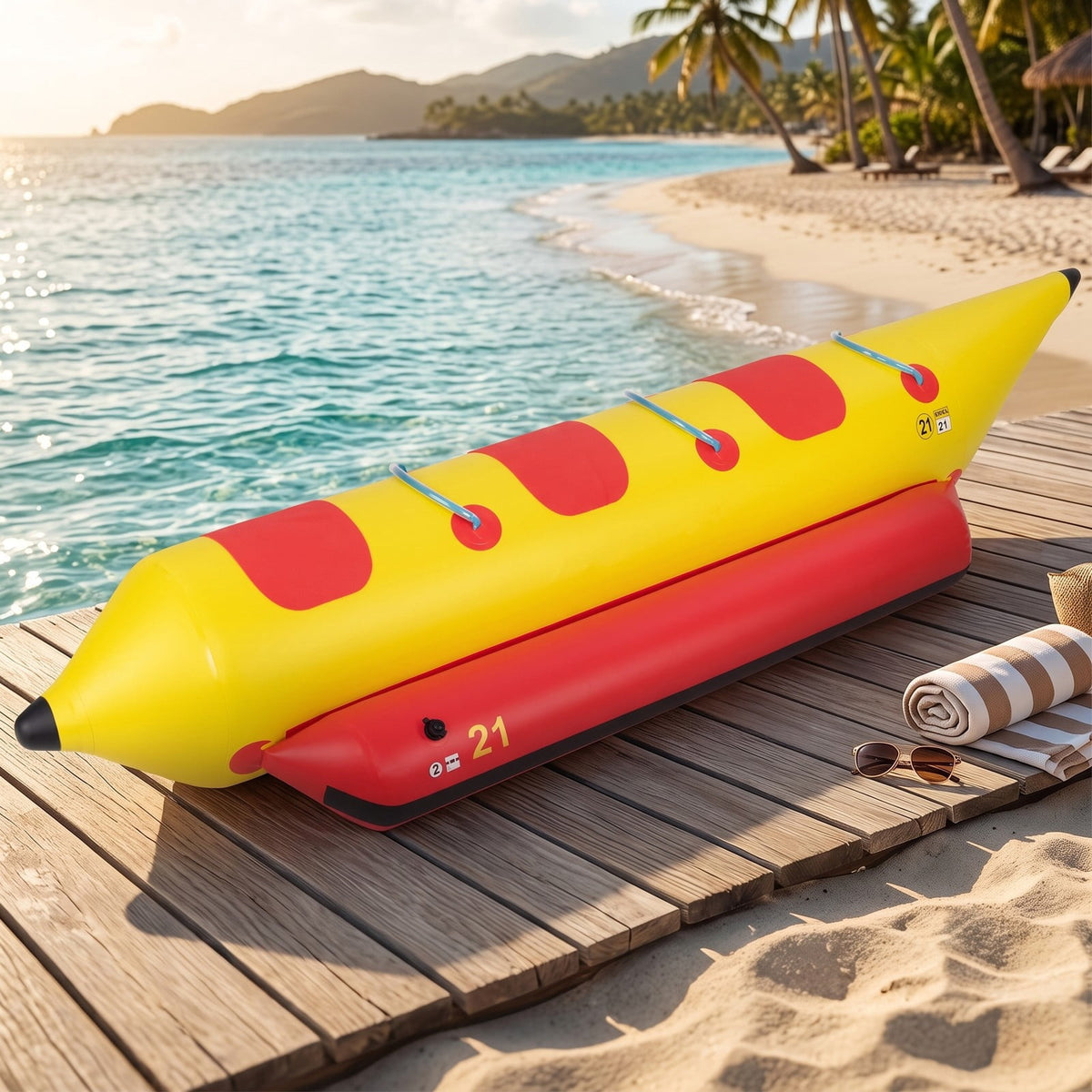 Airfind 3 Person Inflatable Banana Boat with Electric Air Pump Carrying Bag and Repair Kit for Lake and Sea Towing, Red and Yellow