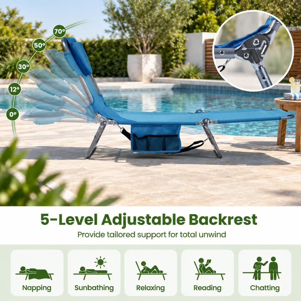 Airfind Folding Beach Lounge Chair with Adjustable Backrest for Lawn, 330 lbs Capacity, Metal Oxford Fabric Polyester Sponge Frame, Blue