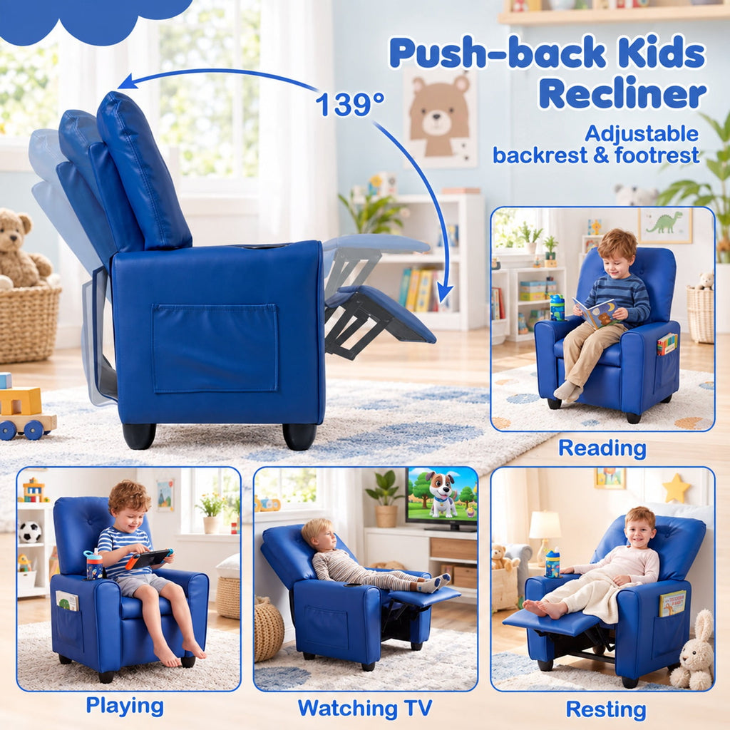 Airfind Youth Recliner Chair with Cup Holder, Side Pocket and Push-back Footrest, PU Upholstery, 24 x 21 x 30 in for Everyday Use, Blue