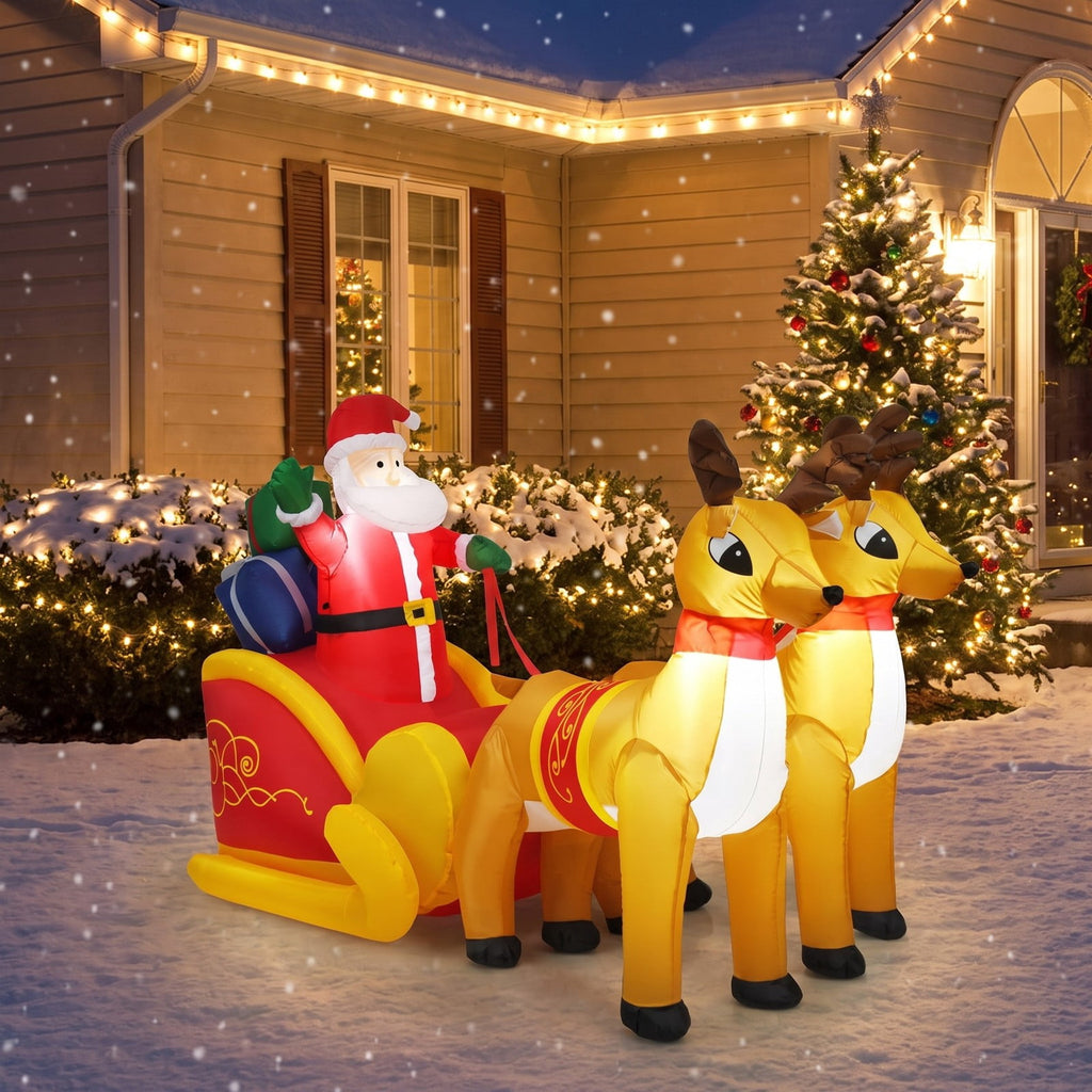 Airfind 7.5 Feet Waterproof Outdoor Inflatable Santa with Double Deer and Sled, Polyester fabric Frame, Show in the picture