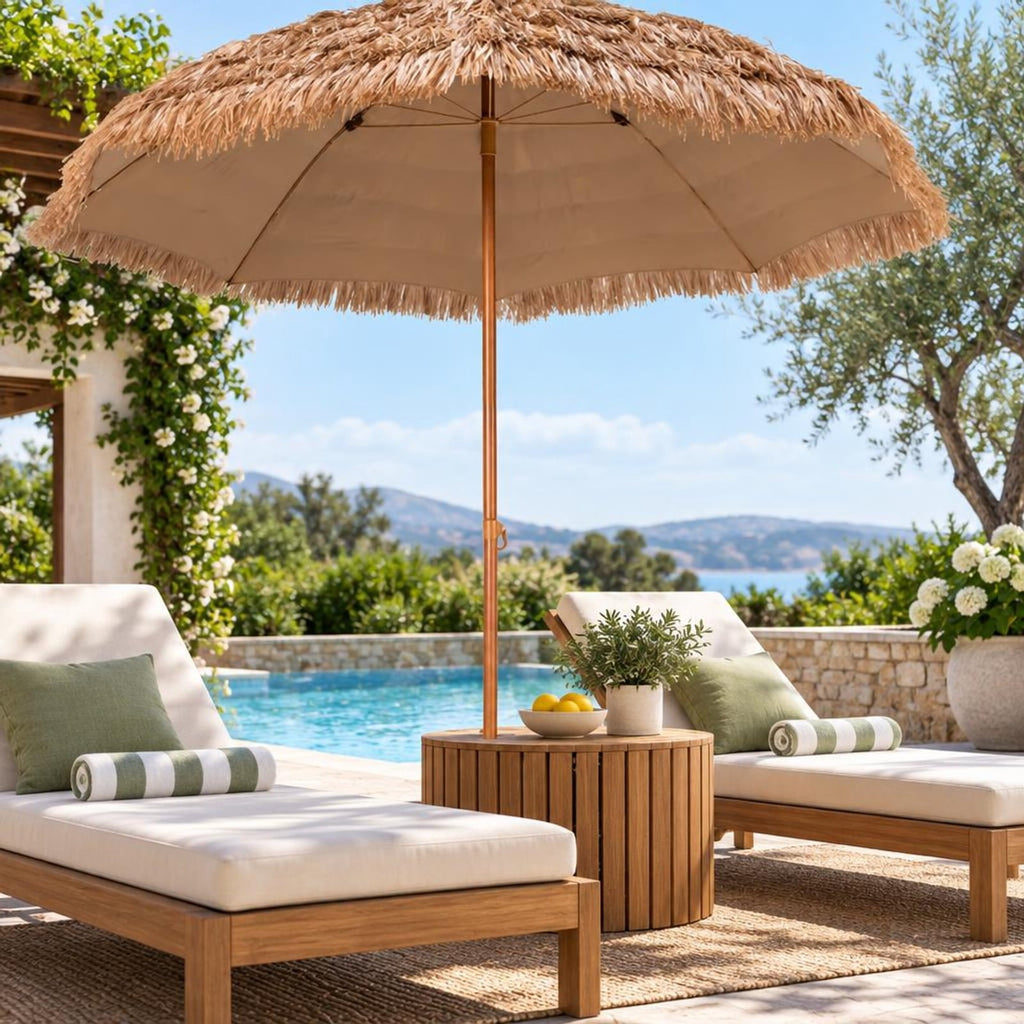 Airfind 8 Feet Patio Thatched Tiki Umbrella Hawaiian Hula Beach Umbrella, Thatch steel Frame, 8 ft x 7.3 ft Footprint, Natural