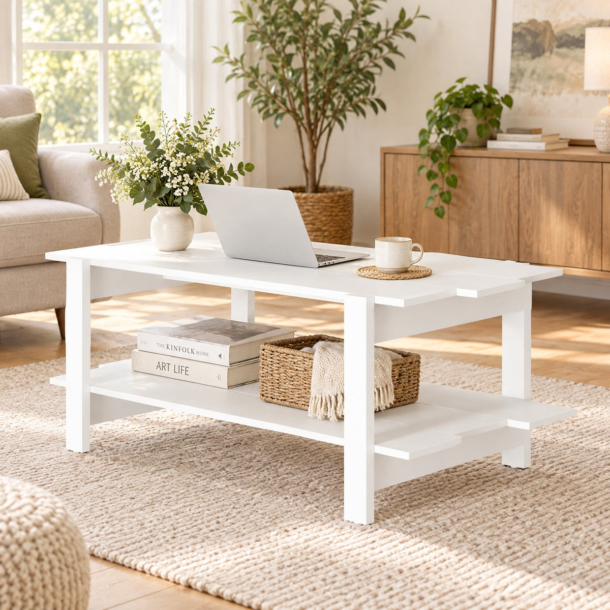 Airfind 2-Tier Coffee Table Slatted Wood Center Table with Storage Shelf, 135 lbs Capacity, Engineered Wood Frame, 45 x 23.5 x 18.5 Footprint