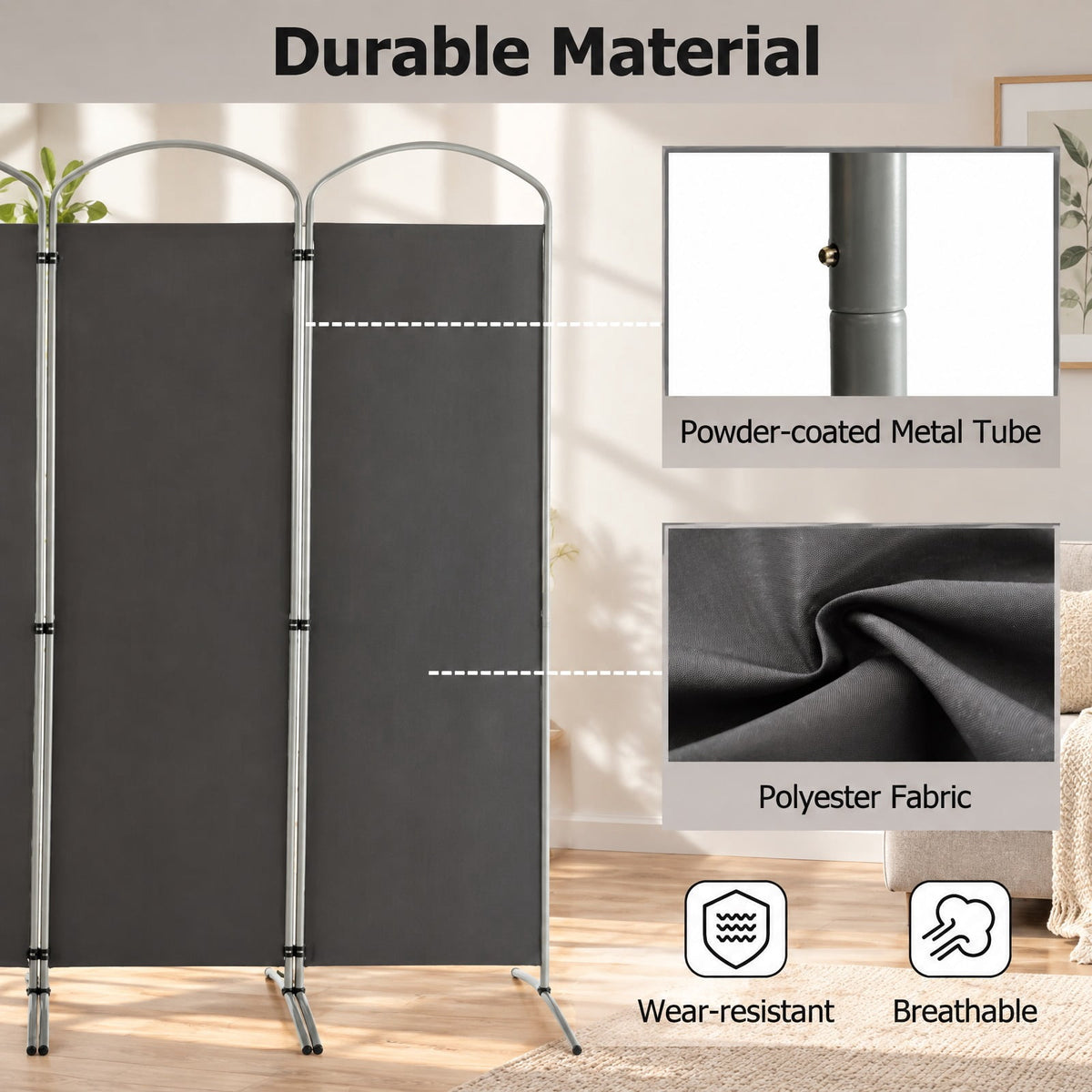 Airfind 6.2Ft Folding 4-Panel Room Divider for Home Office Living Room, Polyester Metal Frame, 87 x 20 x 74 Footprint, Grey