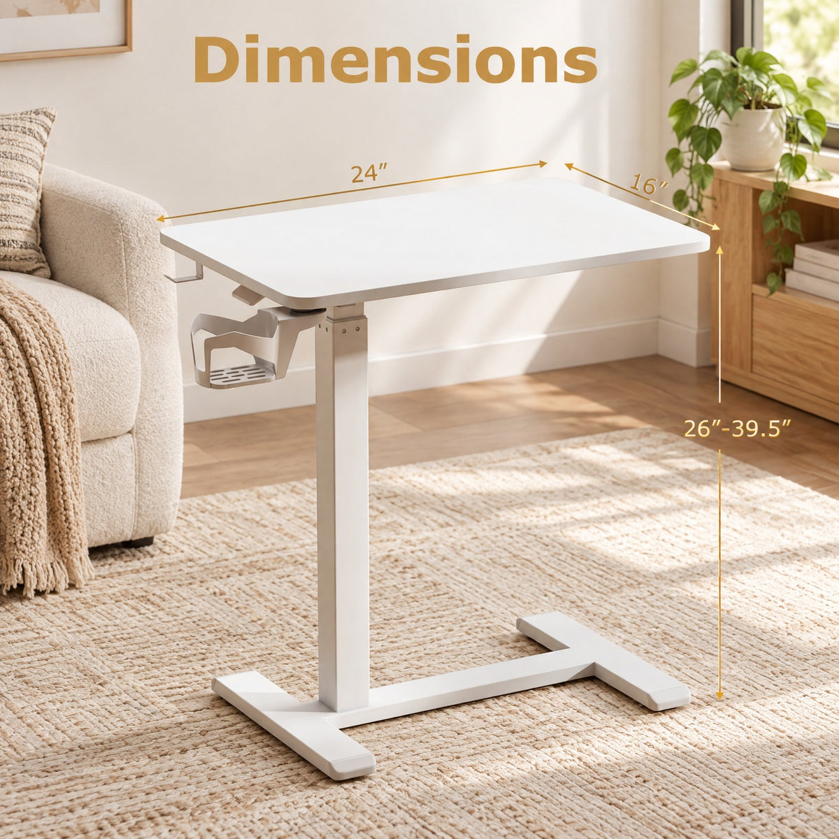Airfind Mobile Standing Desk Height Adjustable Overbed Bedside Table with Cup Holder, 90 lbs Capacity, Engineered Wood Frame, White