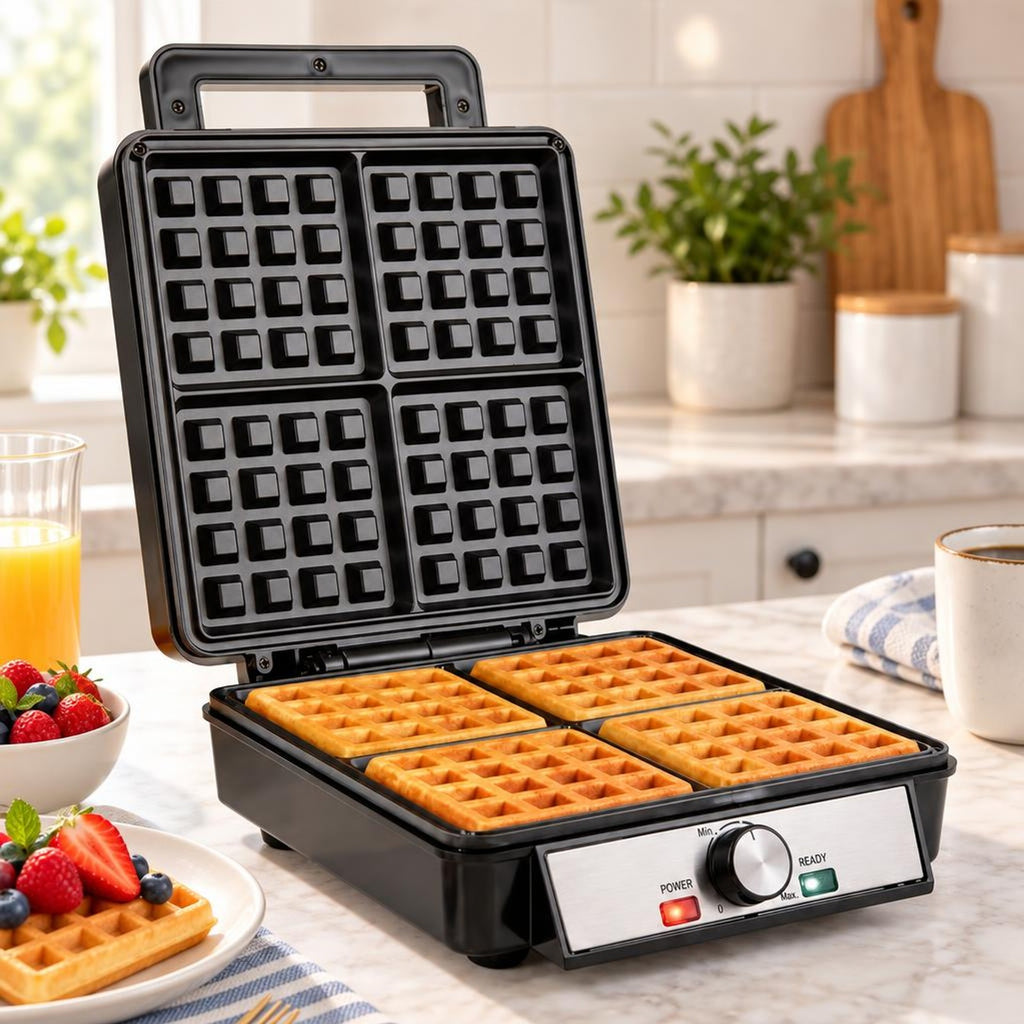 Airfind Belgian Waffle Maker 4-Slice 1200W with Browning Knob and Nonstick Plates-Black and Silver, Aluminum Frame, 12.5in x 9.5in x 4.5in Footprint