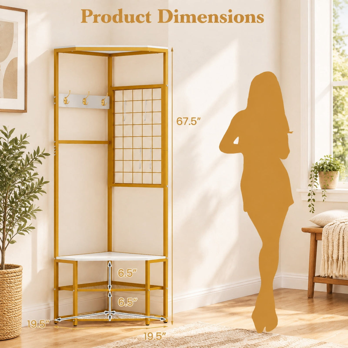Airfind Corner Hall Tree Freestanding Coat Rack with Storage Shelves Removable Hooks, 220 lbs Capacity, Engineered Wood Metal Frame, White