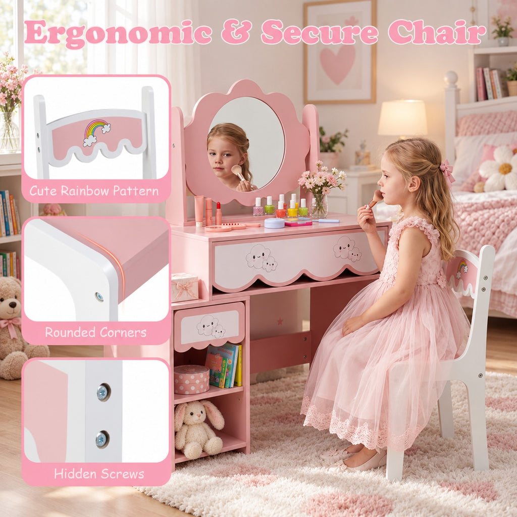 Airfind Kids Vanity Set with 360° Rotating Mirror Chair for Girls, 110 lbsChair Capacity, Engineered Wood GlassTable Frame, Pink
