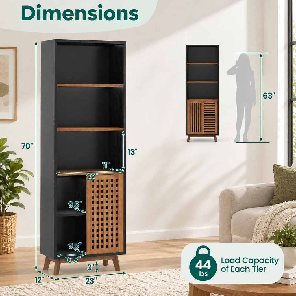 Airfind 70 Inch 5-Tier Bookshelf with Reversible Adjustable Shelf, 44 lbs Capacity, Solid Wood MDF Engineered Wood Aluminum Alloy Frame, Black