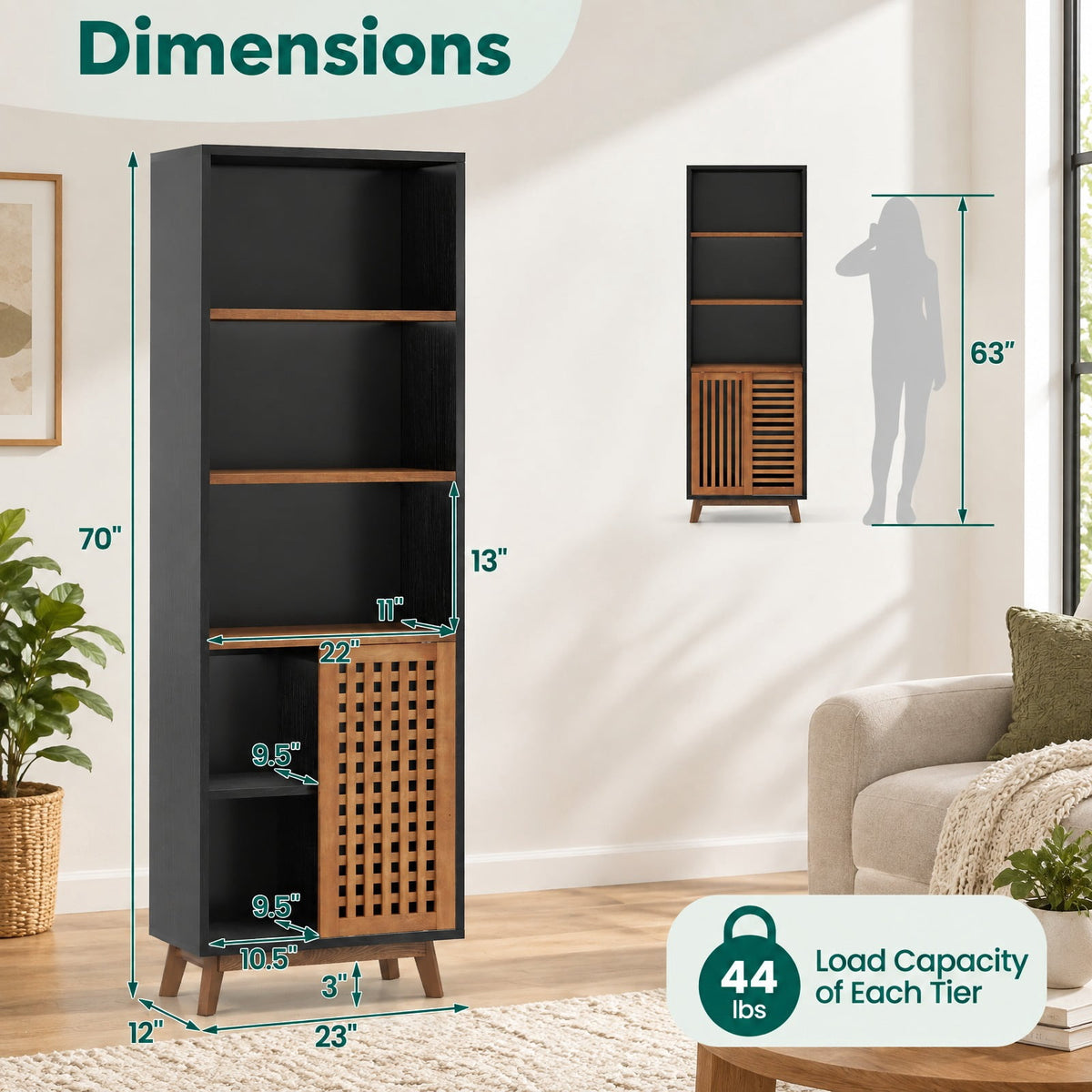Airfind 70 Inch 5-Tier Bookshelf with Reversible Adjustable Shelf, 44 lbs Capacity, Solid Wood MDF Engineered Wood Aluminum Alloy Frame, Black
