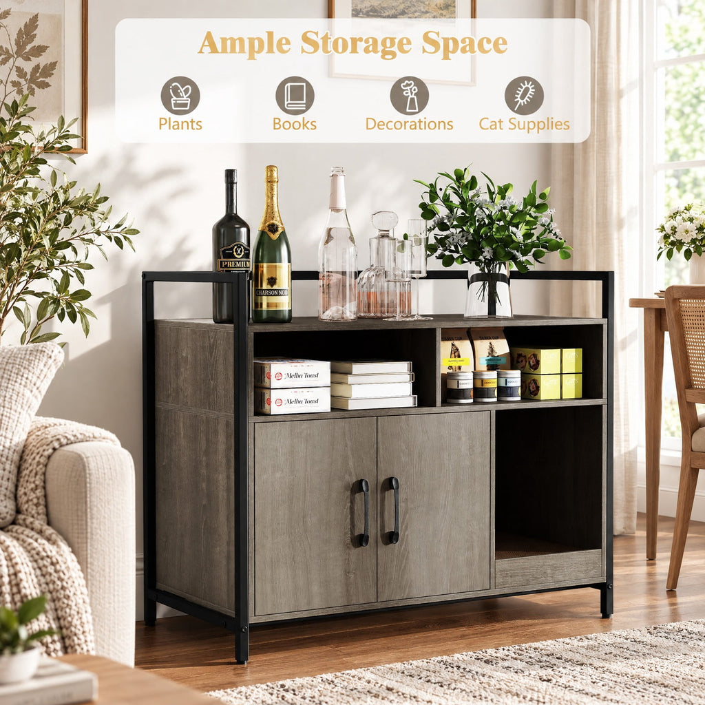 Airfind Hidden Cat Washroom with Double Doors and Scratch Cardboard, MDF Metal Frame, 35 x 17.5 x 29.5 Compartment Footprint, Oak