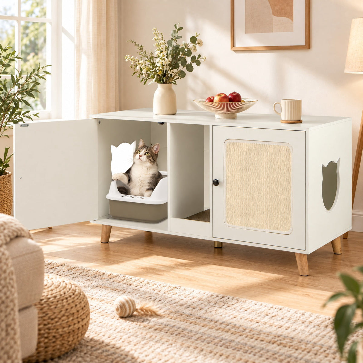 Airfind 43 Inches Cat Litter Box Enclosure with Double Rooms and 2 Sisal Scratching Mats, Engineered Board Frame, 43 x 20 x 24 Footprint, White