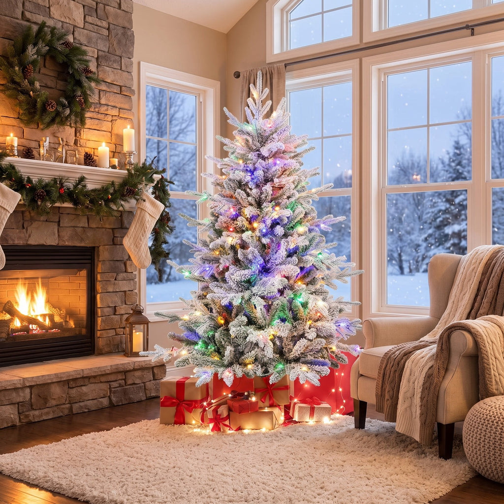 Airfind 4.5 Feet Flocked Christmas Tree with 8 Lighting Modes and Multi-Color LED Lights-4.5 ft, Green and White