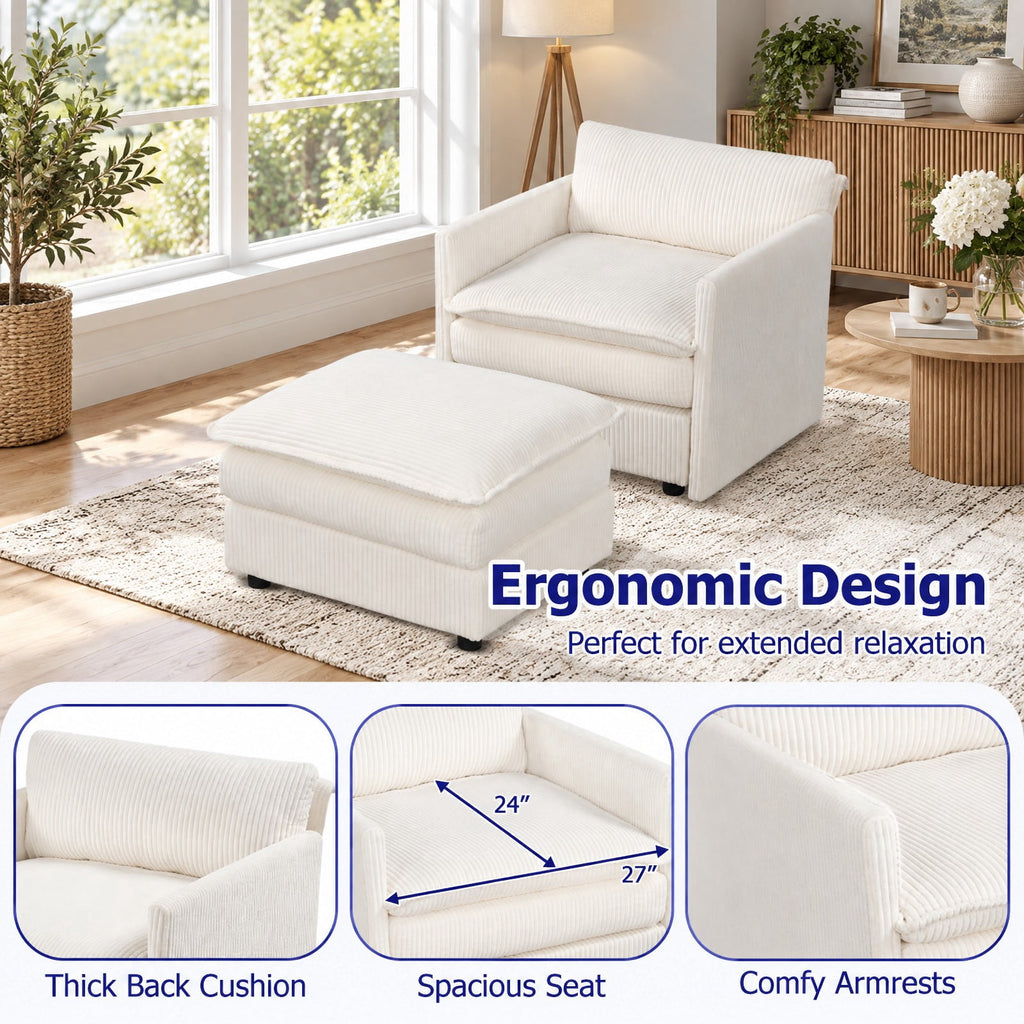 Airfind Oversized Accent Chair with Ottoman with Soft Corduroy Cushions, 400 Lbs Capacity, Corduroy with Corduroy Sponge Ply Wood Plastic, Unspecified