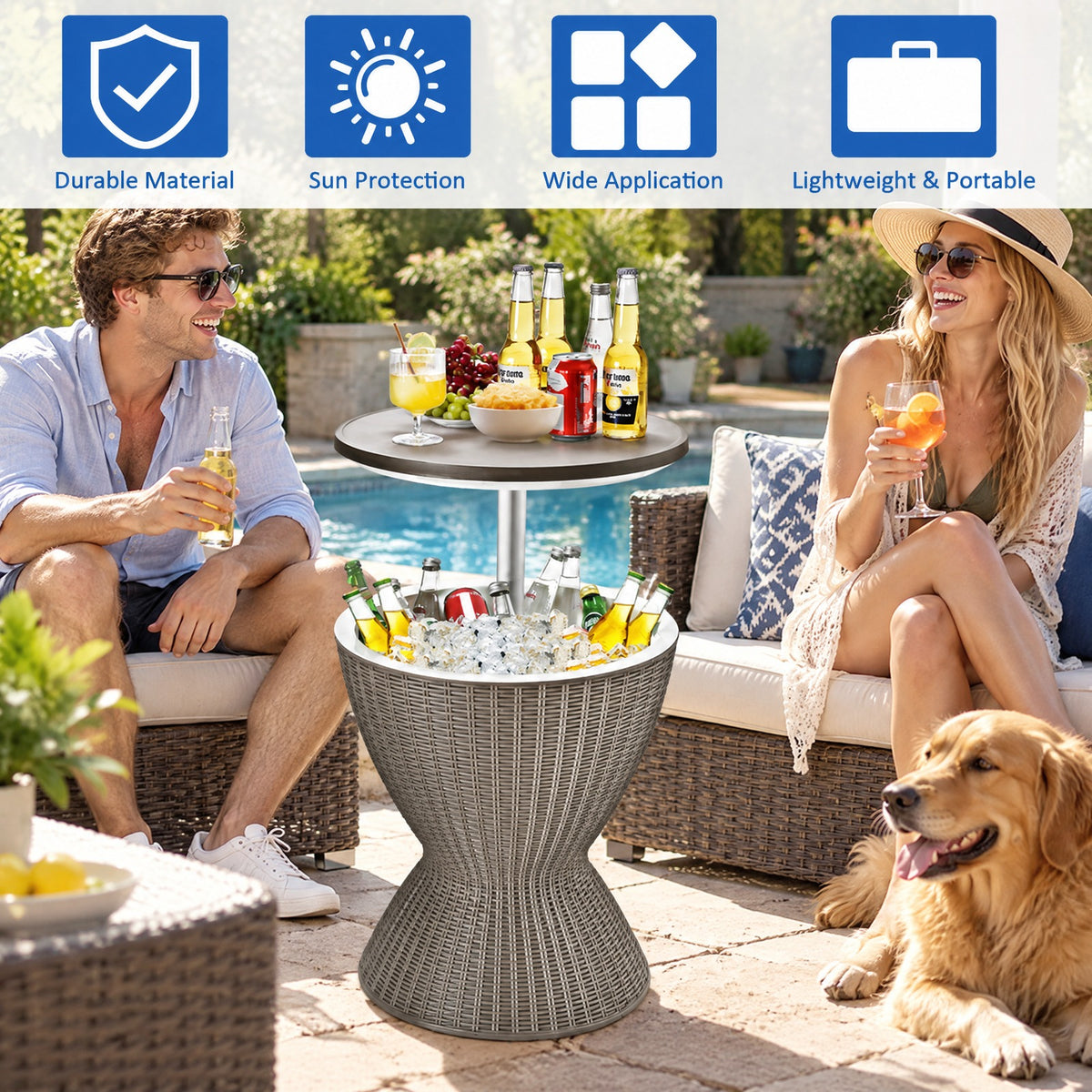 Airfind 3 in 1 8 Gallon Patio Rattan Cooler Bar Table with Adjust Ice Bucket, 165 lbs Capacity, PP Frame, Φ19 x 22.5 Footprint, Brown