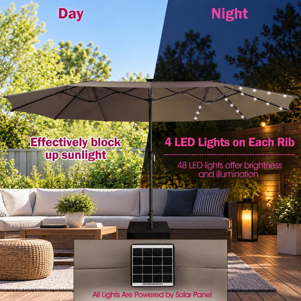 Airfind 15 Feet Twin Patio Umbrella with 48 Solar LED Lights, Steel polyester fabric Frame, 15.4 x 9.2 x 8 (L x W x H) Pole Footprint, Brown