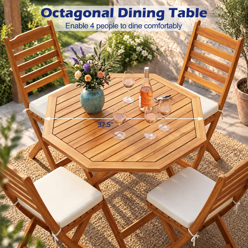 Airfind Acacia Wood Outdoor Folding Dining Table for 4 Octagonal with Slatted Tabletop, 37.5 Inch x 37.5 Inch x 29.5 Inch Folding Footprint, Wood