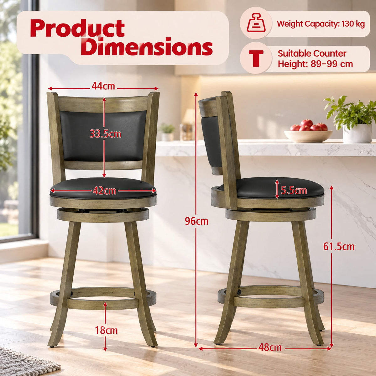 Airfind 2 Pieces 24 Inch Swivel Counter Stool Dining Chair Upholstered Seat, 264 lbs Capacity, 17.5 x 19 x 38 Footprint, Gray