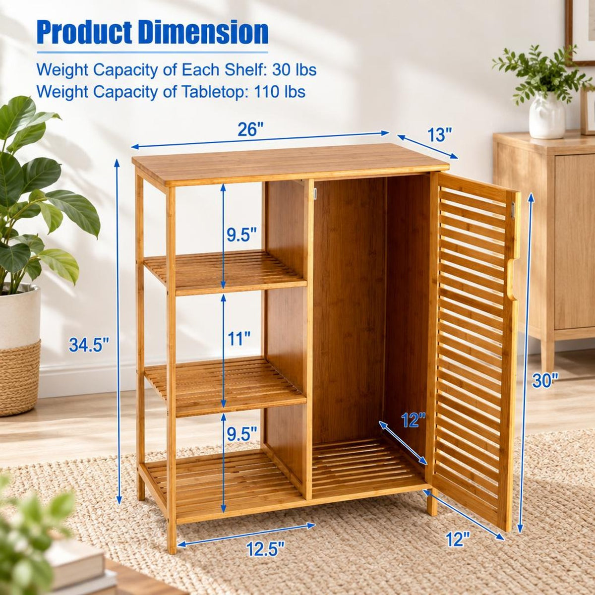 Airfind Bamboo Bathroom Storage Cabinet with Single Door, 30 lbs Capacity, Bamboo MDF Frame, 26in x 13in x 34.5in Footprint, Natural
