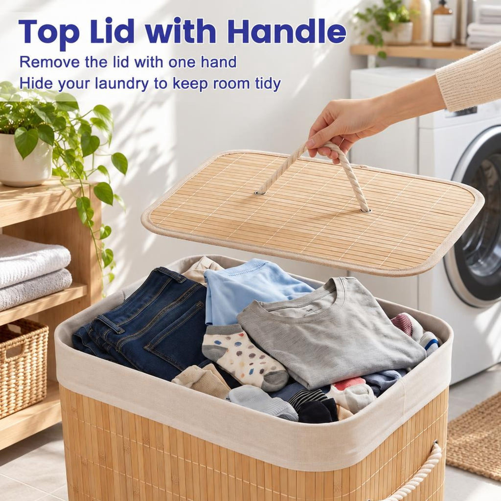 Airfind 19 Gal Bamboo Clothes Hamper with Removable Liner and Portable Handles, 33 lbs Capacity, Bamboo Polyester Cotton Metal Engineered Wood Frame