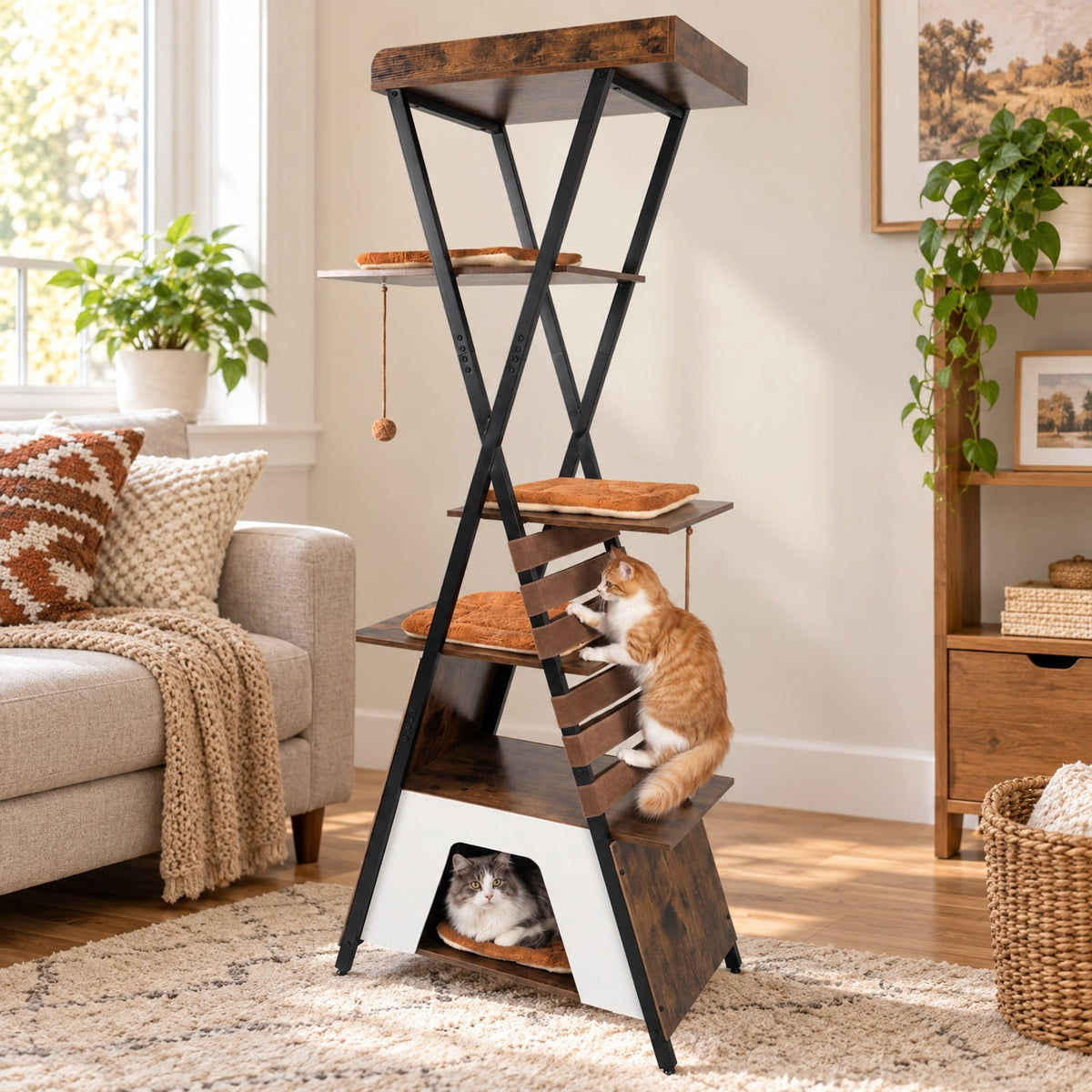 Airfind 73 Inch Multi-level Cat Tree for Indoor Cats with Elevated Perch and Large Condo, 44 lbs Capacity, Engineered Wood Frame, Brown