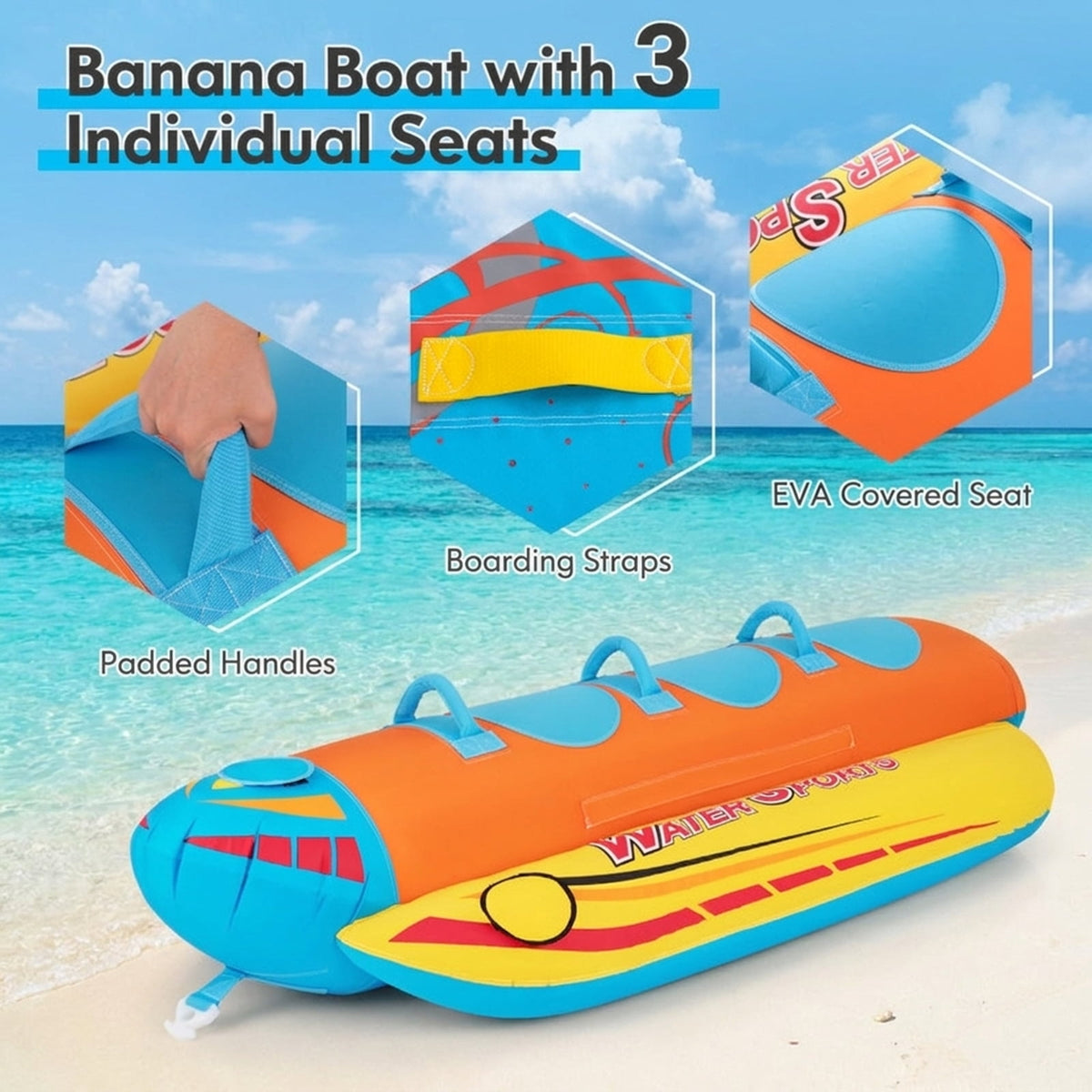 Airfind Inflatable Banana Boat for 3 Riders with EVA-Padded Seats, Yellow