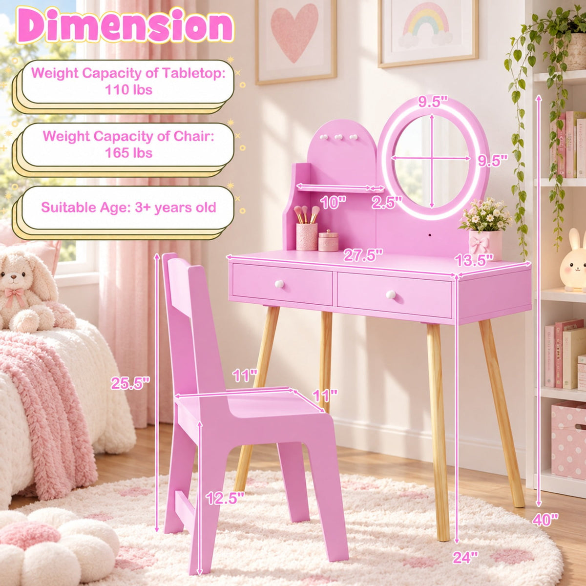 Airfind Kids Princess Makeup Dressing Desk and Chair Set with Mirror and Lights, 110 lbs Capacity, MDF Frame, for 3+ years old, Pink