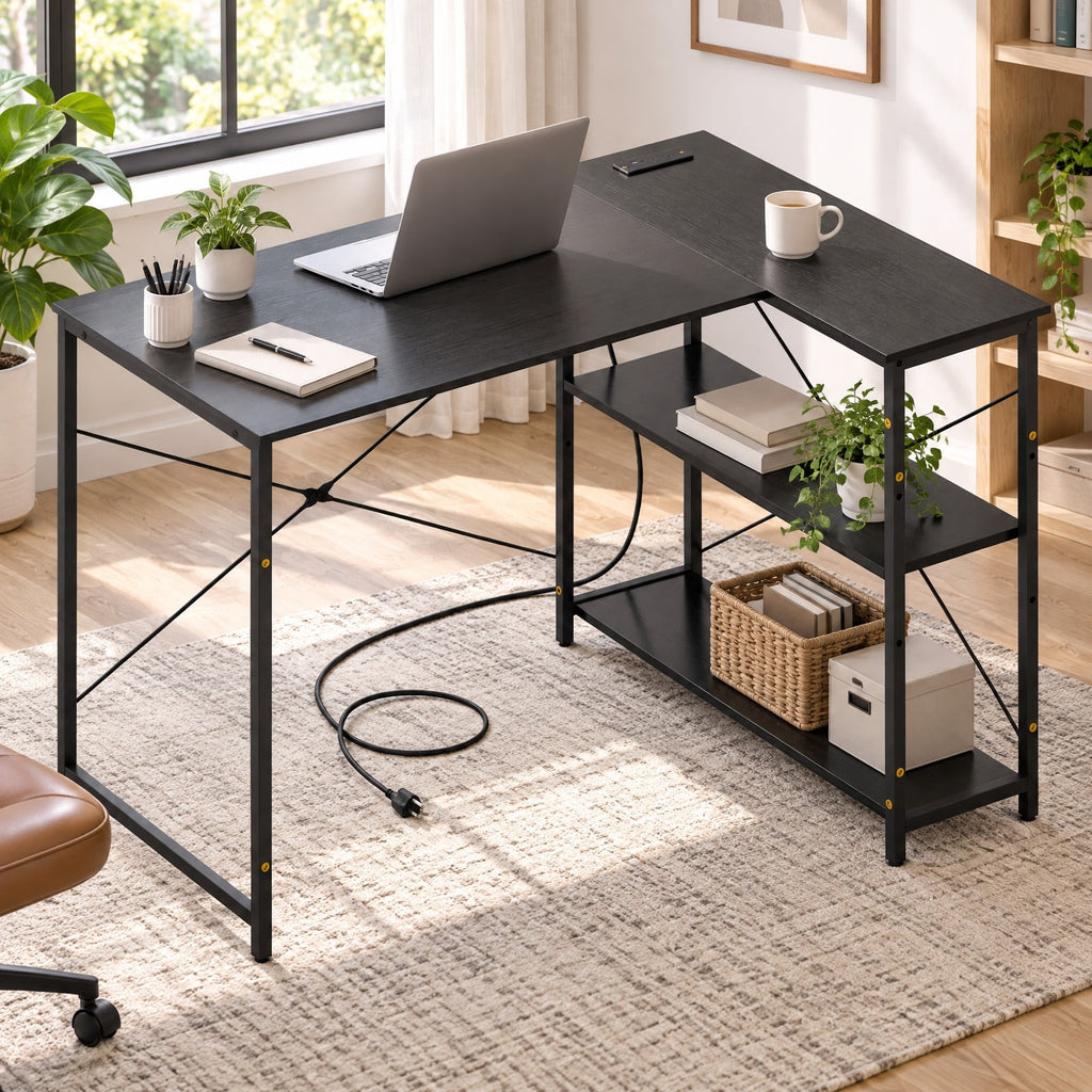 Airfind L-shaped 47 Inch Reversible Corner Desk with Adjustable Storage Shelves, 240 lbs Capacity, Engineered Wood Metal Frame, Brown