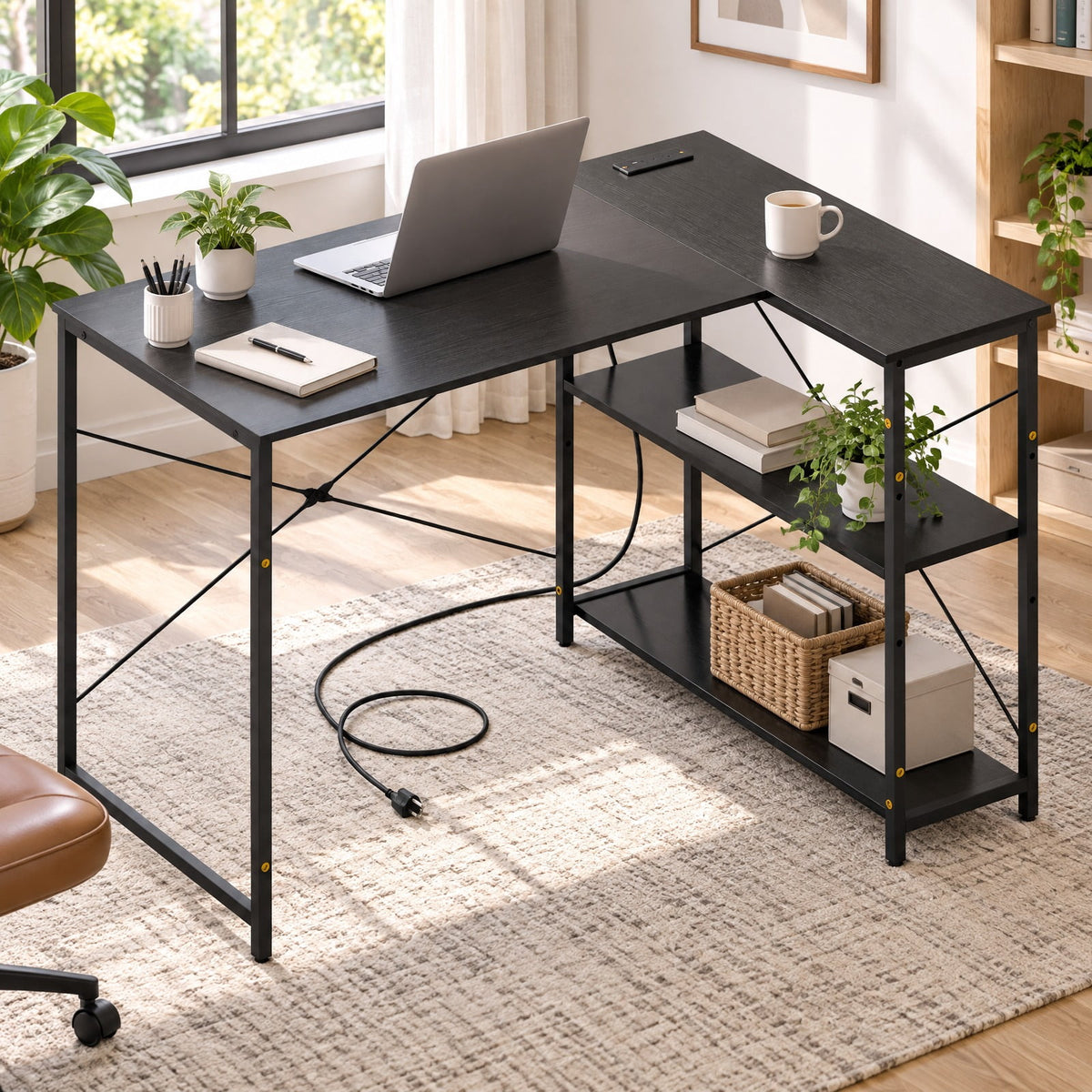 Airfind L-shaped 47 Inch Reversible Corner Desk with Adjustable Storage Shelves, 240 lbs Capacity, Engineered Wood Metal Frame, Brown