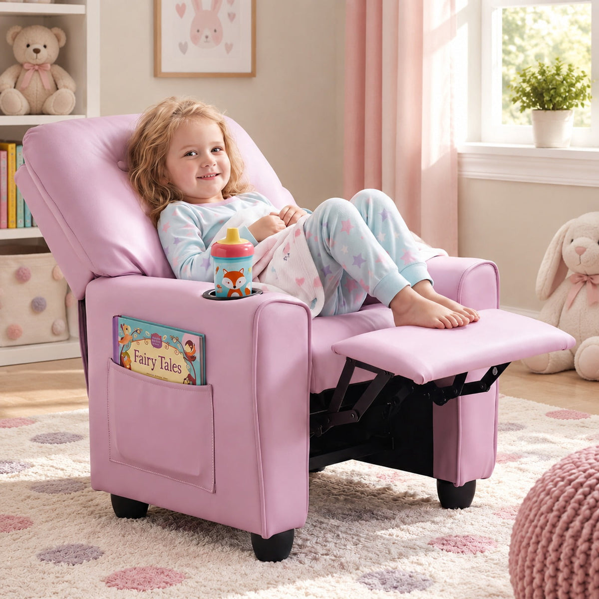 Airfind Youth Recliner Chair with Cup Holder, Side Pocket and Push-back Footrest, PU Upholstery, 24 x 21 x 30 in for Everyday Use, Pink