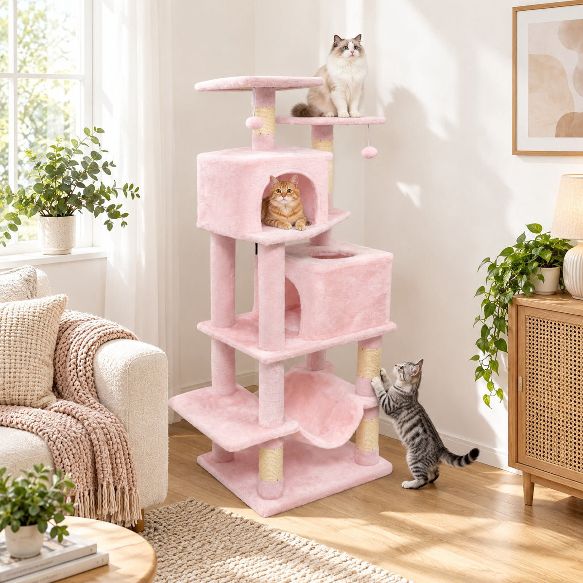 Airfind 57 Inch Cat Tree with Dual Condos and Hammock and 2 Dangling Balls, 29 x 16 Footprint, Pink