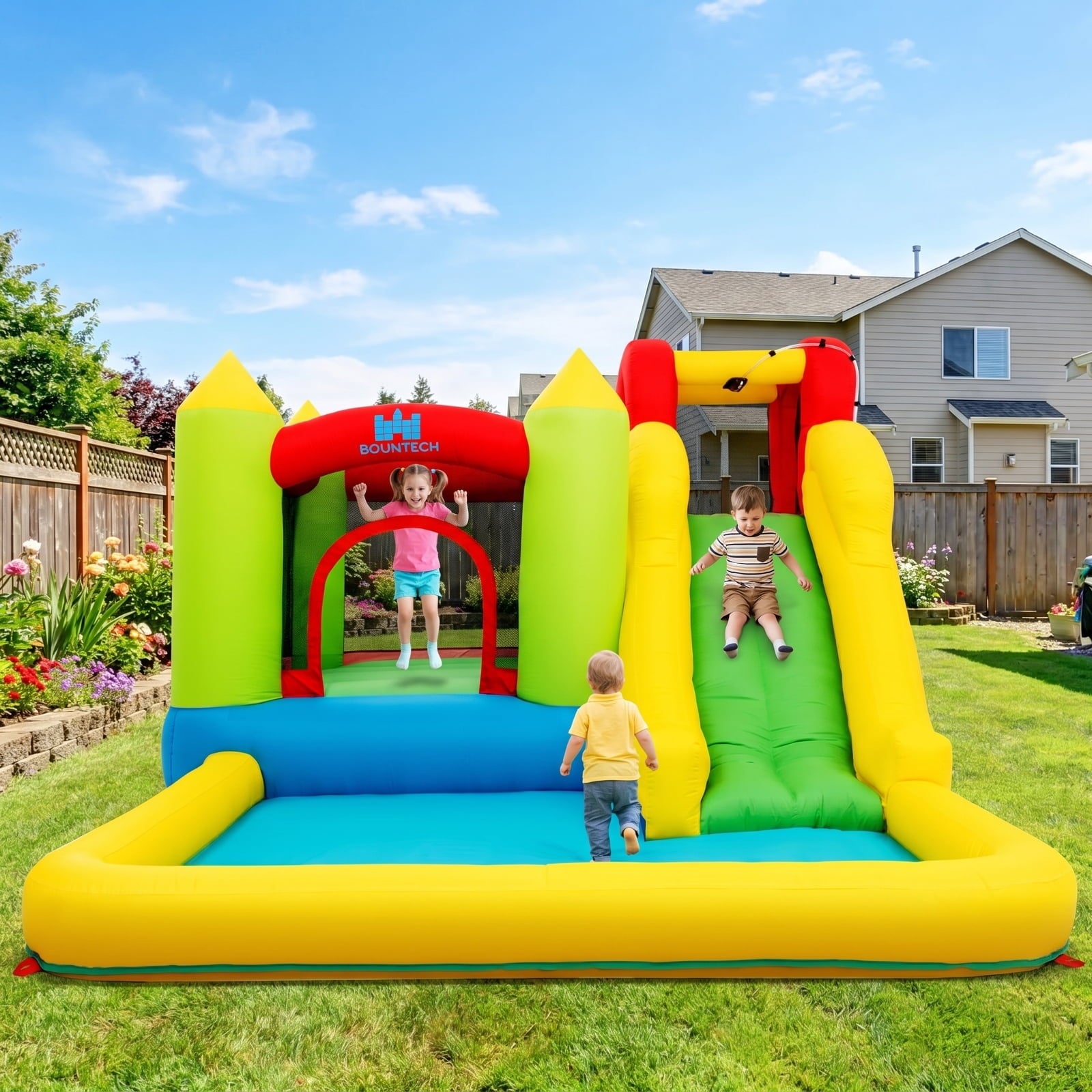 Airfind Outdoor Inflatable Bounce House with 480W Blower, Long Water Slide, Climbing Wall and Splash Pool, 138in x 110in x 75in Wet Dry Combo for Kids 3-10