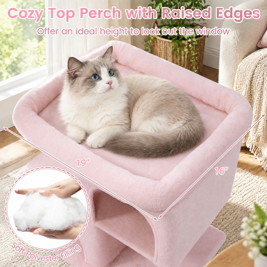 Airfind Modern Cat Tree Space-saving Cat Tower with Upholstered Perch and 2 Cat Condos, 22 lbs Capacity, 24 x 16 x 25.5 Condo Footprint, Pink