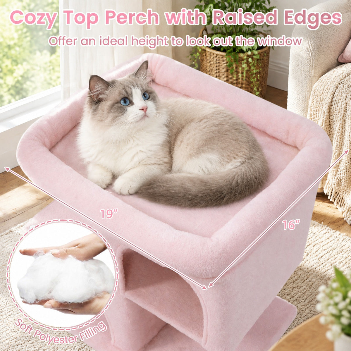 Airfind Modern Cat Tree Space-saving Cat Tower with Upholstered Perch and 2 Cat Condos, 22 lbs Capacity, 24 x 16 x 25.5 Condo Footprint, Pink