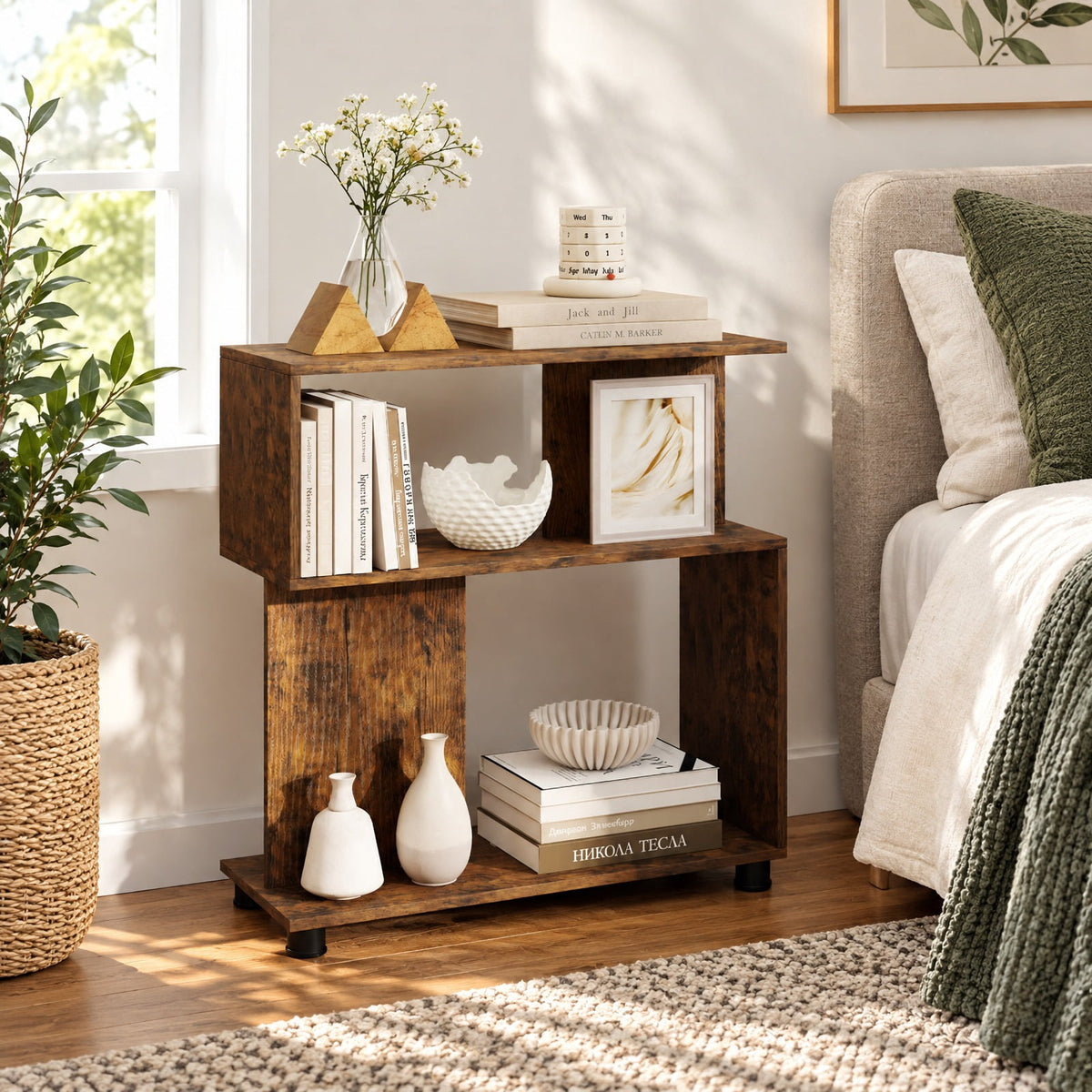 Airfind 3-Tier Modern S-shaped Bookshelf with Adjustable Feet, 135 lbs Capacity, Engineered Wood Frame, Brown