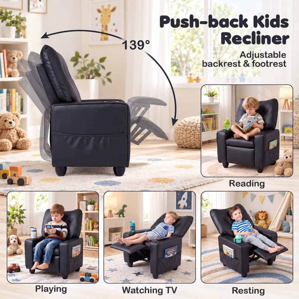 Airfind Youth Recliner featuring Cup Holder Armrests and Adjustable Backrest for Playroom, Wood Frame, 24 Inch x 21 Inch x 30 Inch Lying Footprint, Black