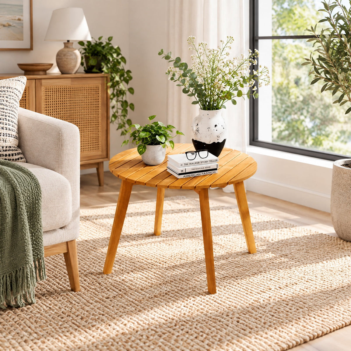 Airfind Round Outdoor Acacia Wood Side Table with Slatted Tabletop, 165 lbs Capacity, Acacia Wood Frame, 24.5 x 24.5 x 16 Footprint, Wood
