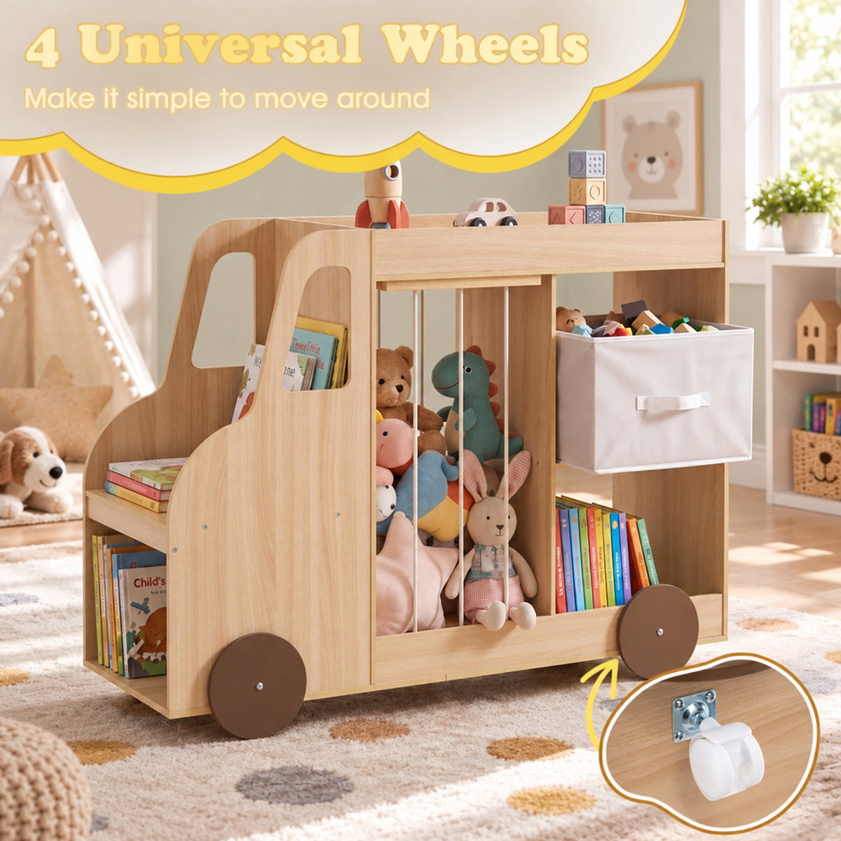 Airfind Toy Storage Organizer with Stuffed Animal Storage Fabric Drawer and Universal Wheels, 35 lbs Capacity, for 3+ Years Old, Natural