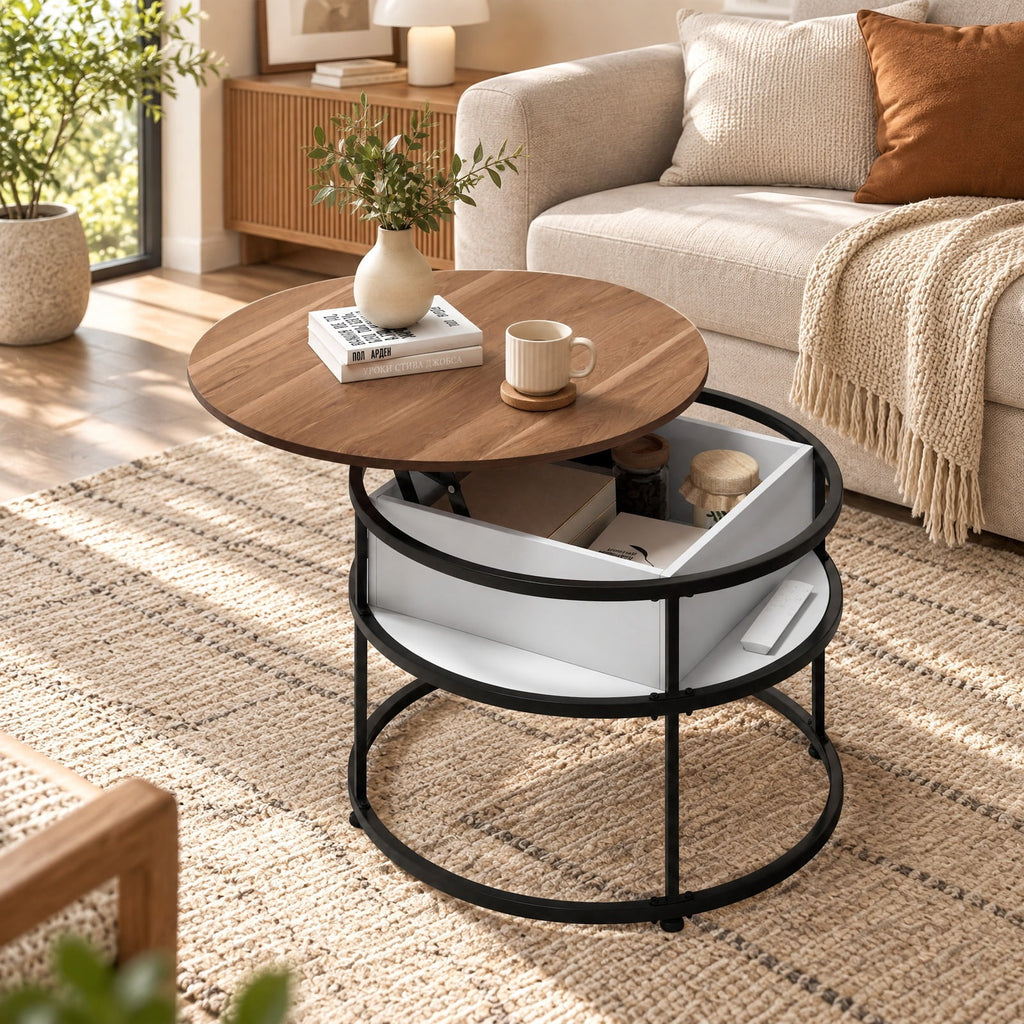 Airfind 31.5 Inch Round Lift Top Coffee Table with Hidden Compartment and Side Shelves, 110 lbs Capacity, Engineered Wood Metal Frame, Teak