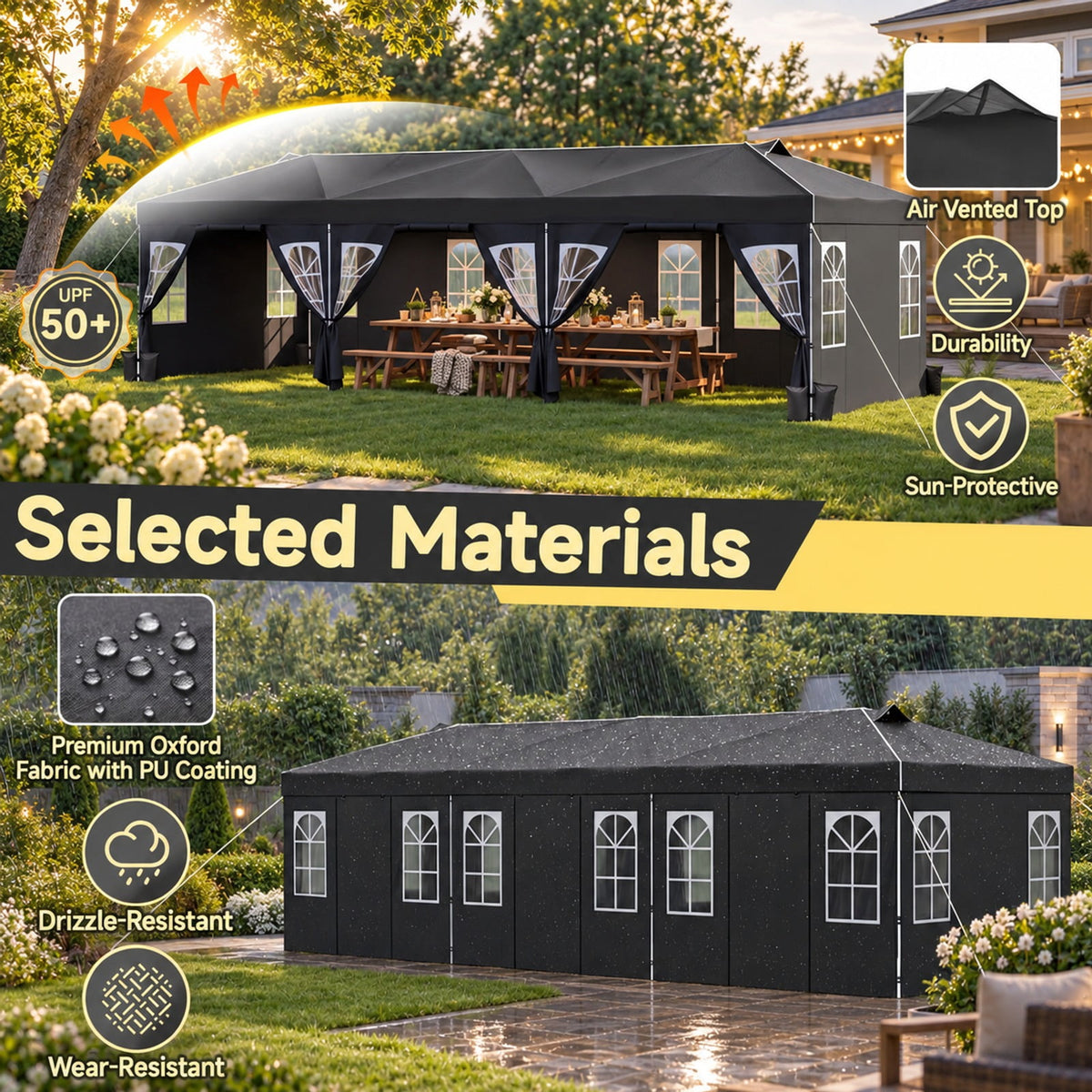 Airfind 10 x 30 FT Pop Up Canopy Tent with 8 Sidewalls and Adjustable Height, PE Metal Fabric Frame, 30 x 10 x 8.5/8.2/7.9 ft Footprint, Black