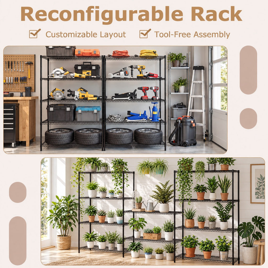Airfind 5-Tier Metal Storage Shelving Unit with V-Shaped Wire Rack, 4000 lbs Capacity, Metal Frame, 48 x 18 x 72.5 Total Footprint, Black