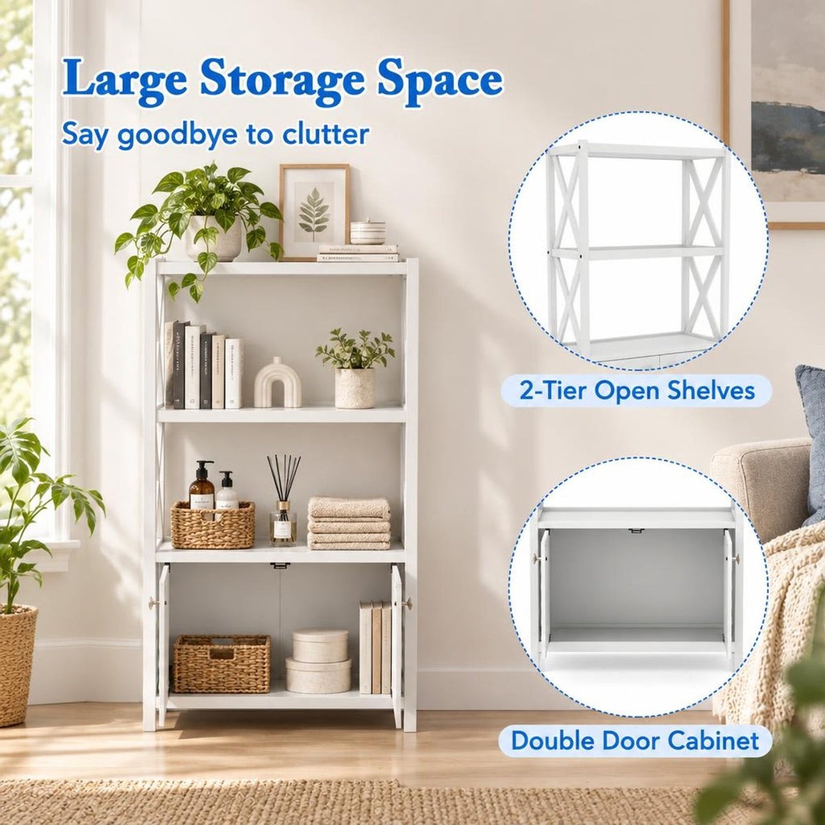 Airfind Bathroom Storage Cabinet, with Open Shelves and Double Doors, 88 lbs Capacity, Rubber Wood MDF Frame, 25 Inch x 12 Inch x 47 Inch Footprint, White