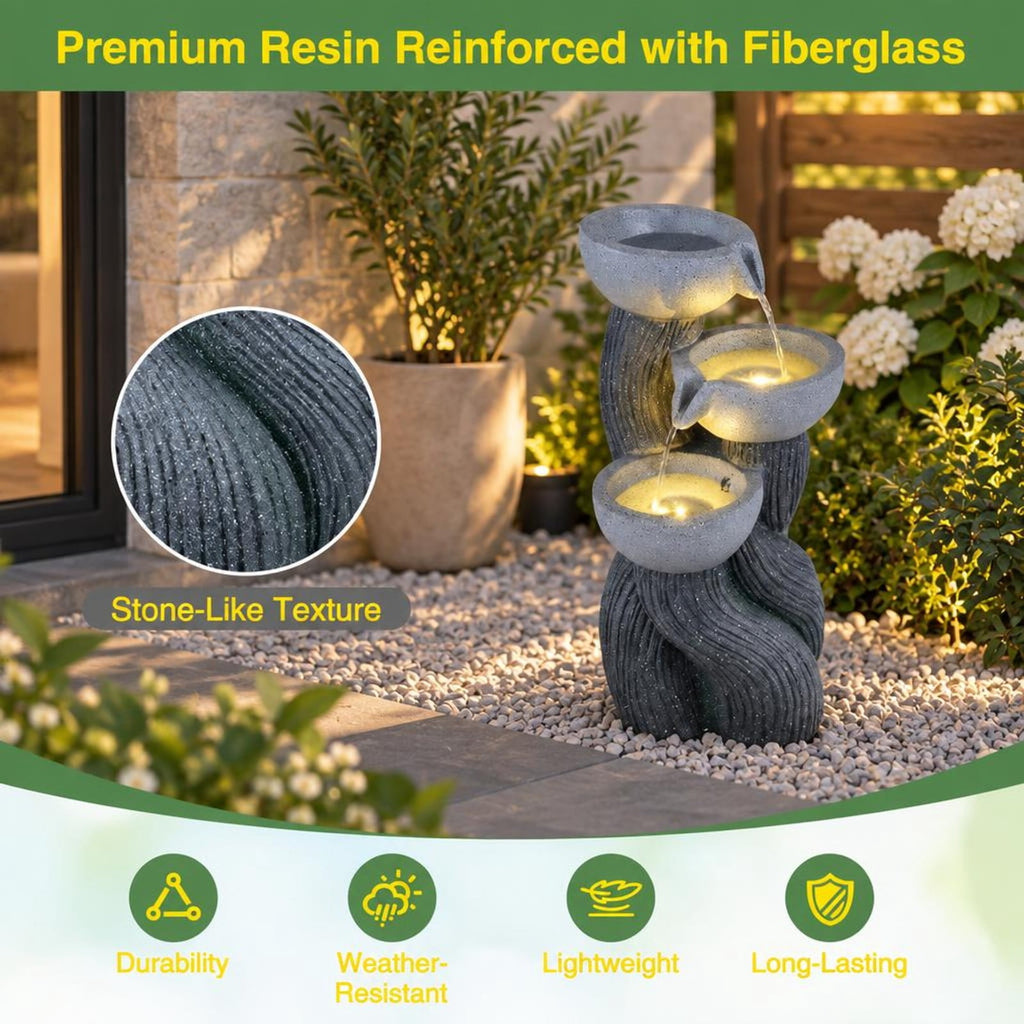 Airfind 3-Tier Outdoor Water Fountain with LED Lights 18.5 Inch H for Patio Deck, Resin Fiberglass Frame, Gray