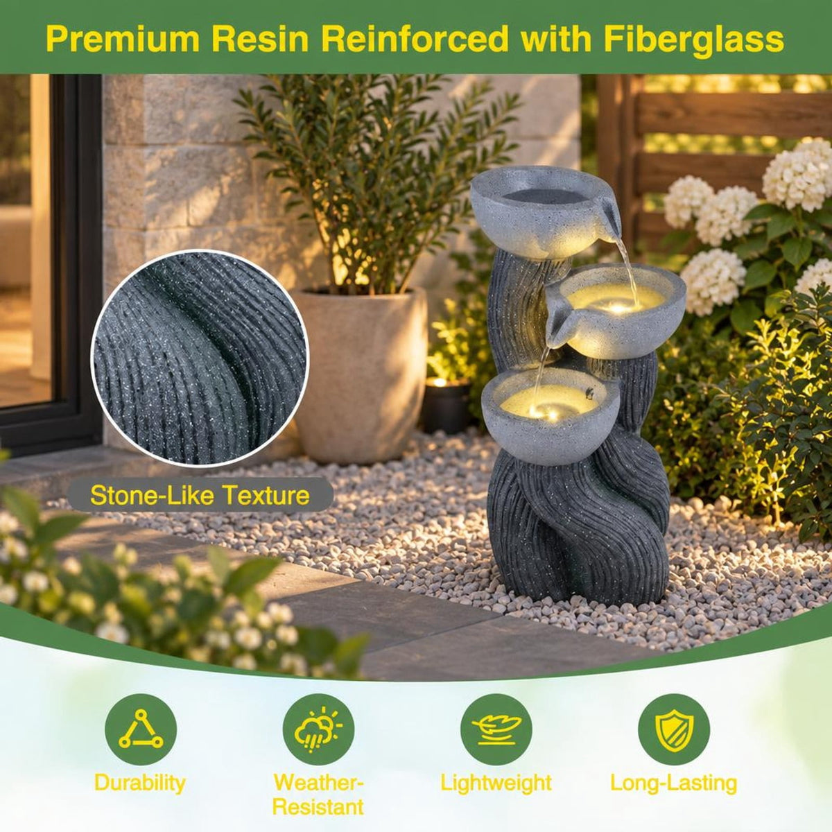 Airfind 3-Tier Outdoor Water Fountain with LED Lights 18.5 Inch H for Patio Deck, Resin Fiberglass Frame, Gray