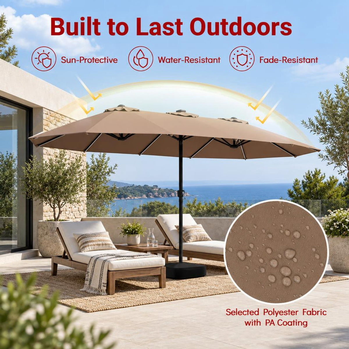 Airfind 15.5FT Extra-Large Patio Umbrella with Base 12 Reinforced Ribs, 180G Polyester Fabric Metal External Frame, Brown