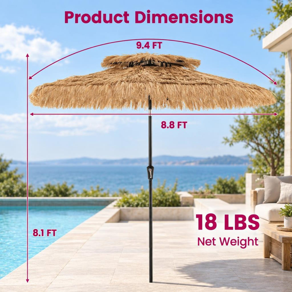Airfind 9 Feet Thatched Tiki Umbrella with 8 Ribs, PE iron polyester fabric Frame, 9 x 9 x 8.3 (L x W x H) Tilt angle range: 0-30° Footprint