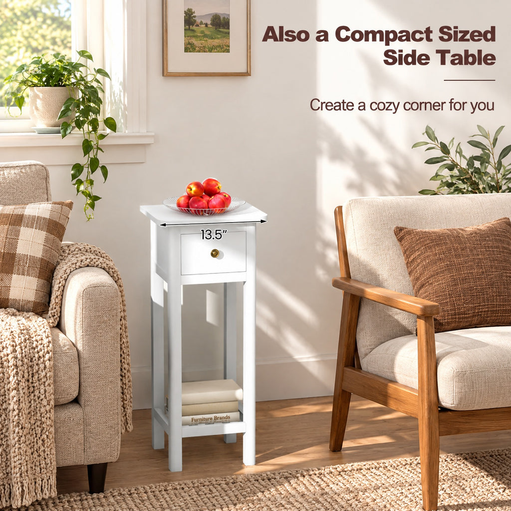Airfind 2 Tier Slim Nightstand Bedside Table with Drawer Shelf, 155 lbs Capacity, Acacia Wood MDF Frame, 11.5 x 13.5 x 31.5 Footprint, White