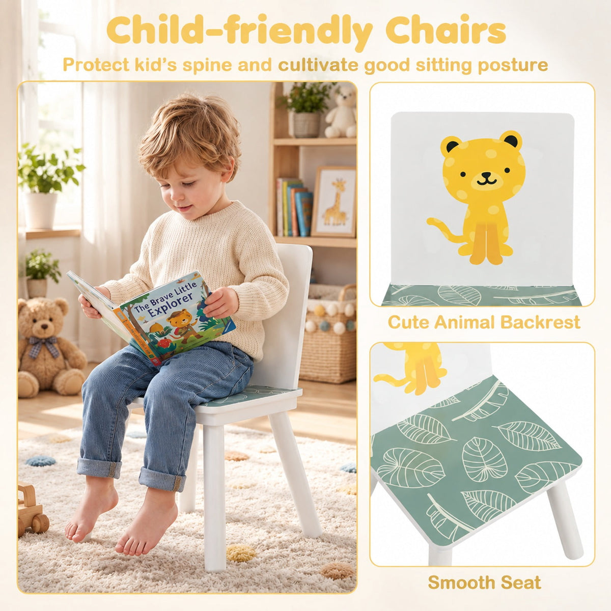 Airfind 3 Pieces Kids Table and Chairs Set with Animal Patterns for Aged 3-6 Years Old, 44 lbs Capacity, Pine Wood, for 3-6 Years Old