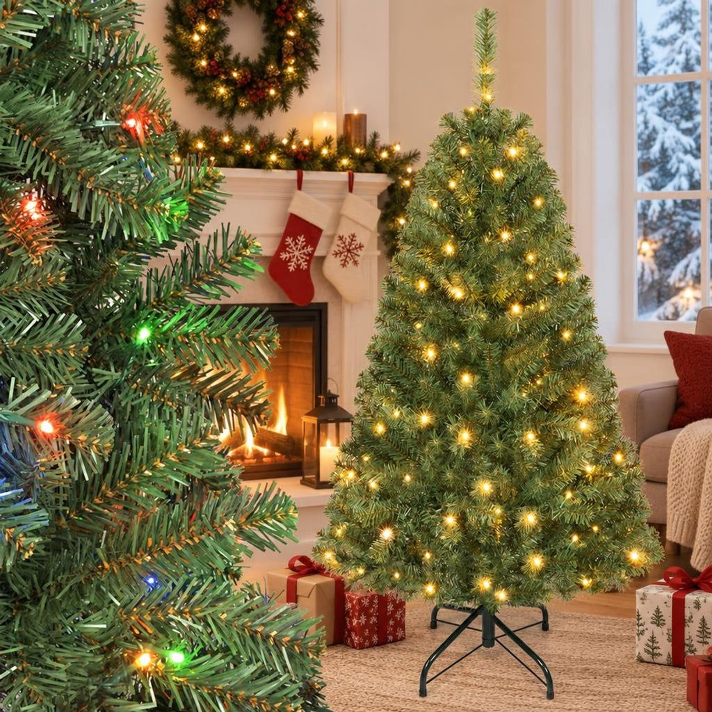 Airfind 5 FT Artificial Christmas Tree with 2 Lighting Colors and Folding Metal Stand, PVC Metal Frame, Green